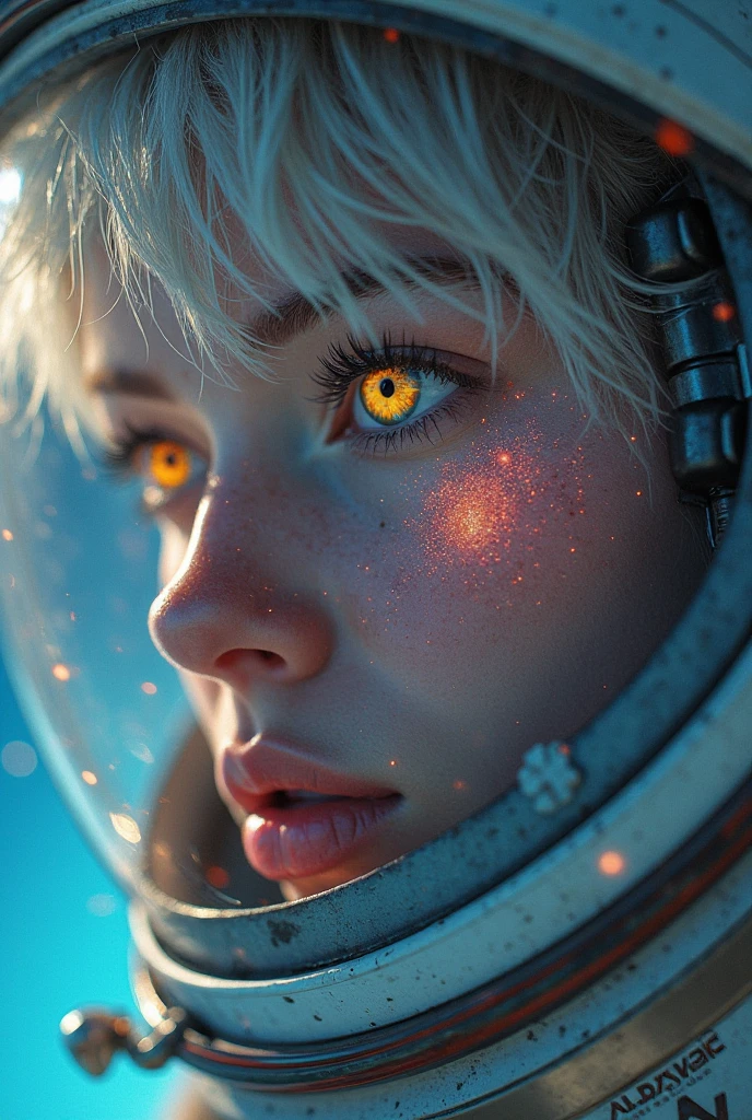 (Close-up of a better masterpiece:1.5)0.9], (Space and astronauts:1.2) (Messy silver hair:1.1) (Heterochromia xanthochromia and blue eyes:1.2) (Space Helmet:1.0) (Colored stars in the eyes:1.0) (A radiant glow:1.1) (thick lips:0.9)