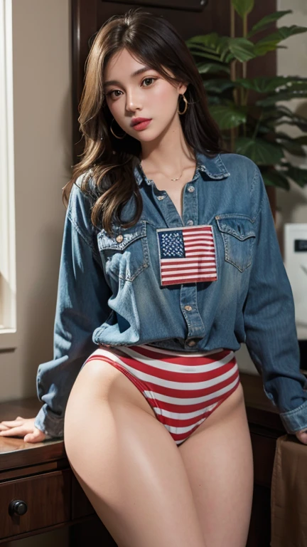Sleeping Girl, 20 years old, Realistic, Wearing an American flag t-shirt and pink panties,Open legs, Expressions of satisfaction and relief, Brown hair. Pink bed theme and some cute stuffed animals on the bed,An ultra-high picture quality,high-detail,Get up,