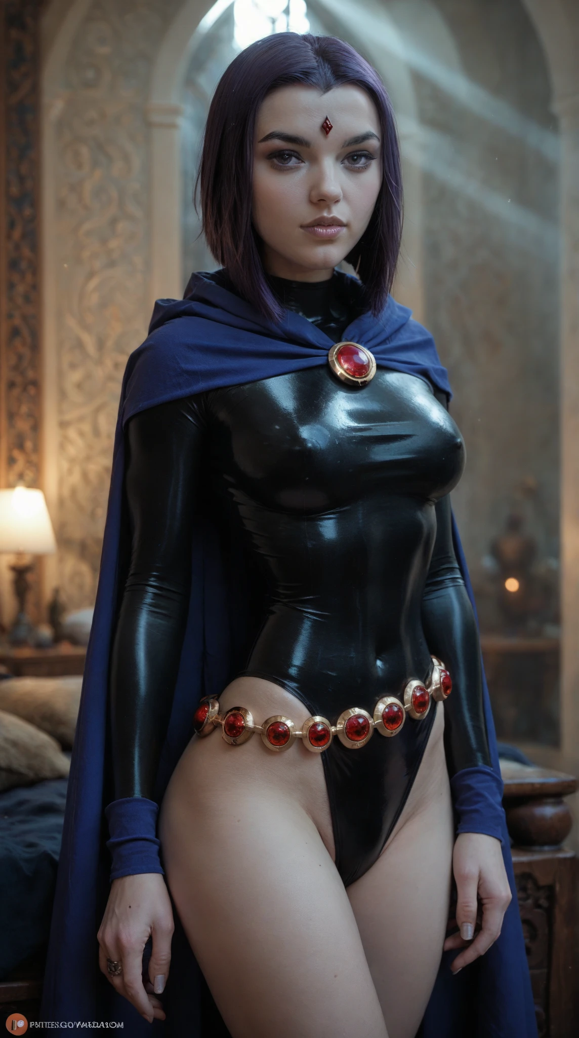 Raven, girl, Alone, short hair, purple eyes, light skin, Athletic, RVN, 1 girl, Alone, lying on a luxurious bed, wet private parts, dreaming, eyes closed, orgasm, low-cut black leotard, cape, legs exposed , belt, hood, hotraven, sensual, glamorous,