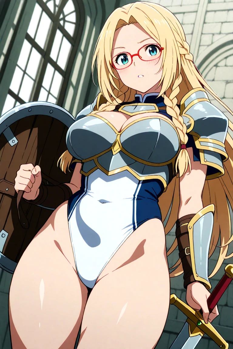 {{{nsfw:1.5}}},mature woman,princess,beautiful eyes,warrior,armor,white armor,blonde hair,long hair,hairband,side bang,breastplate,pleated skirt,white skirt,leotard,white leotard,cameltoe,1 girl,multipul boys,hetero,nose blush,open mouth,cry,embrrassed,love juice,slim body,small breast,sweat,restrained,arms behind head,arms up,defeat,bdsm,cowboy shot,from below ,handcuffs,shackles,indoor,wooden_horse,rub crotch,torture,goblin,ugly goblin,pervert goblin,surrounded by goblins,cum on body