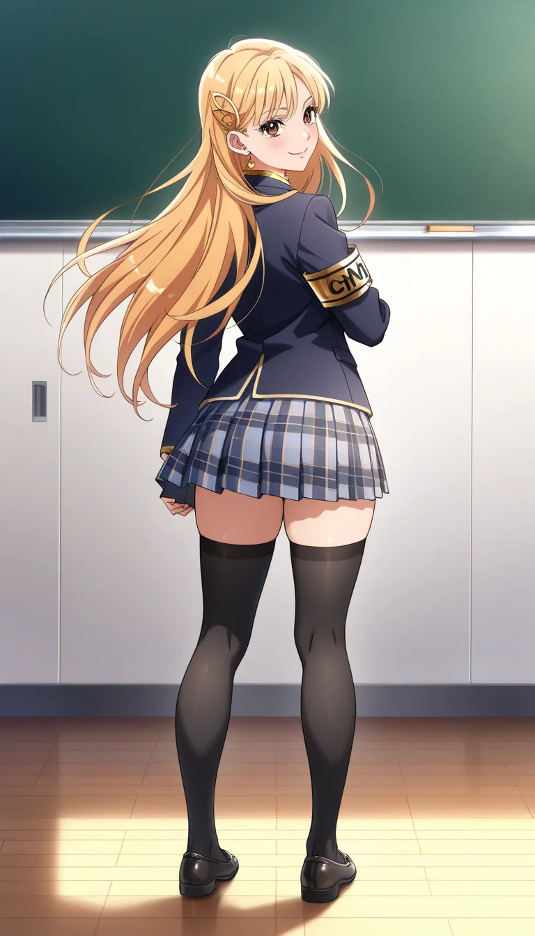 A girl with her hands on a desk at school,From directly behind,Low - Angle,Panties in full view,Absolute area