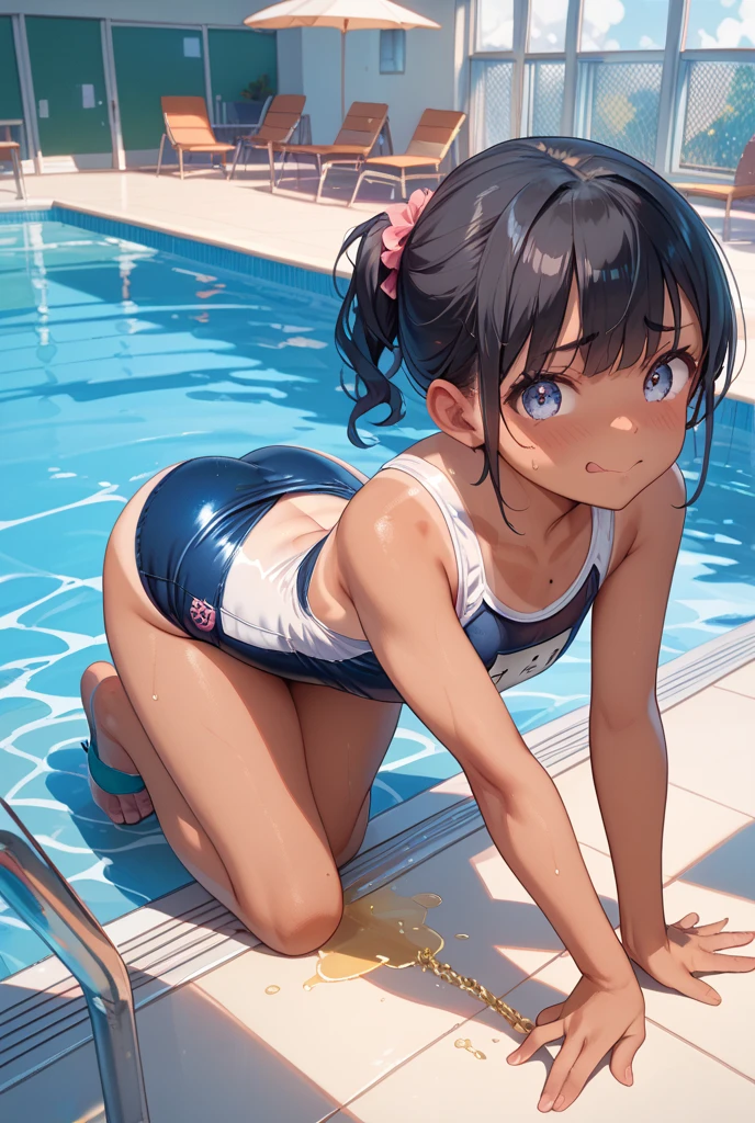 ((young sew,girl ,short stature,gyaru)) ,flat chest,flushed, flushing,black hair, twintail ,,nsfw,heavyset,poolside,one-piece-swimsuit,stand,out the