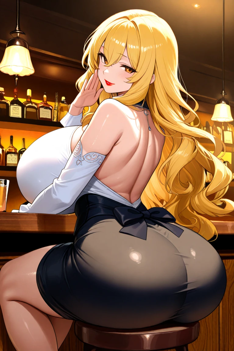 Best quality, solo mature woman, (gigantic breasts:1.4), giant ass, curvy, (curly honey blonde hair:1.2), soft headband, light orange eyes, full lips, seductive, smiling, cute pj top, cute pj shorts
