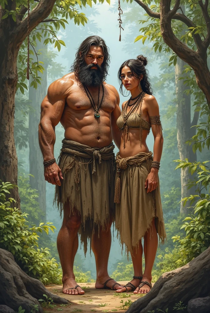 Primitive couple in the forest. The man with strong physique wearing a miniskirt made of leaves and dressed in animal skin, The woman with long hair dressed in animal skin