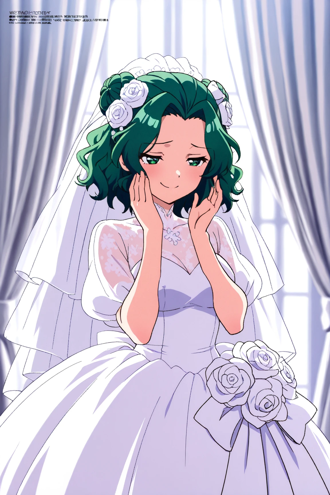 masterpiece,best quality,{{detailed beautiful face and eyes}}, very detailed background,
Michiru Kaiou,{{{megami magazine}}},medium hair,green hair,wavy hair,forehead,green eyes,??????????????,
1womanl,hairstyle: (wedding bun:1.2)
Outfit: (wedding dress,intricate dress, ball gown, bridal veil, bride, curtains, 
depth of field, dress, flower, hair flower, hair ornament, see-through,white flower, white rose:1.1),(face full of joy:1.ur beautiful face and eyes with attention to detail are smug ,:1.0)、????? ??????? with hands、 anime official 、anime color、