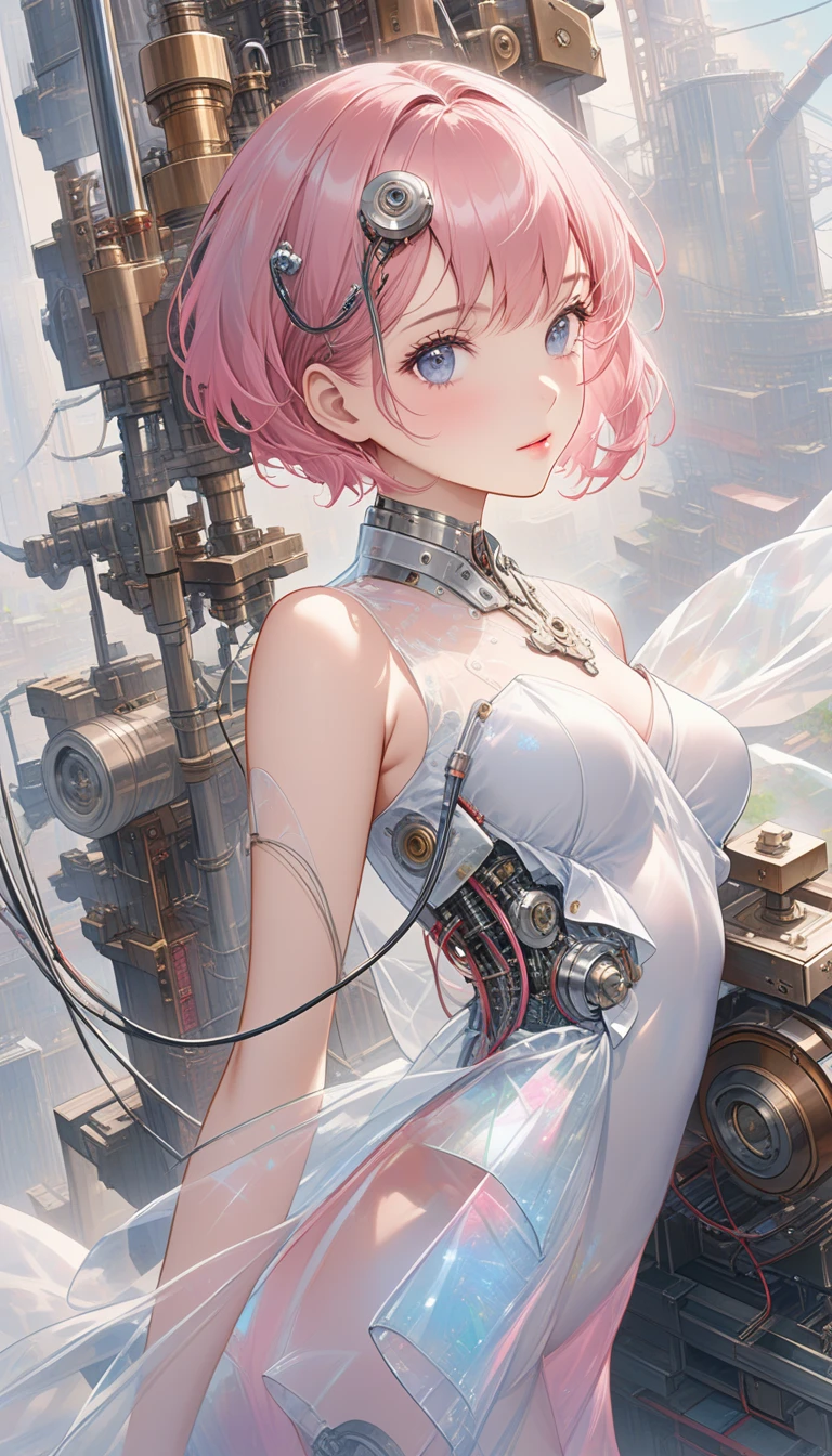 Masterpiece,solo,highest resolution,highest quality,wallpaper,good composition,32k,(transparent material:1.2),1girl,pink short hair,oblique bangs,exquisite and beautiful face,mechanical structure body,composed of machinery,transmission device,hydraulic device,circuit and wire,skin wrapped with transparent sss material,humanoid robot,artwork,,