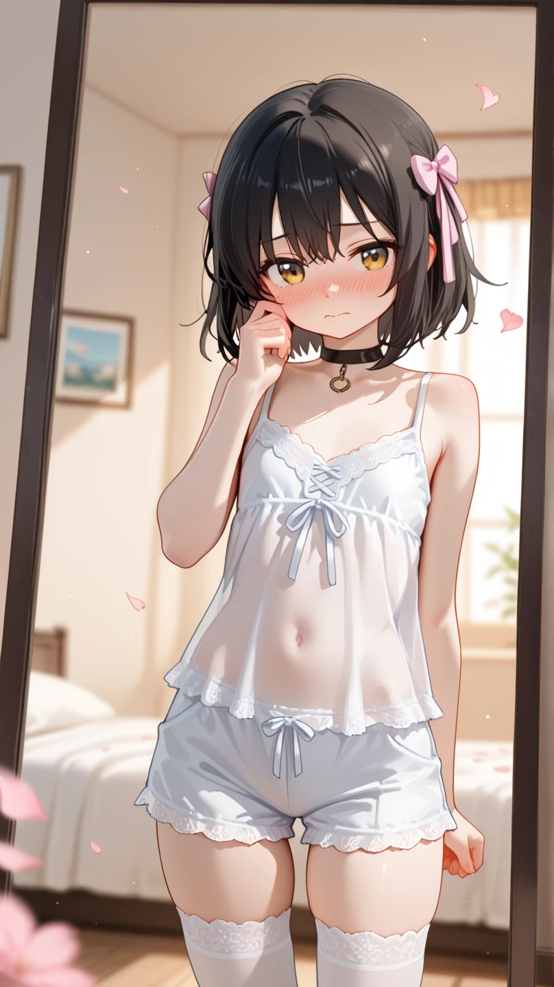 Pastel tones, flat tones, pale pink background, sitting, barefoot, blushing, (hide chests with hands:1.3), topless, embarrassed,
confusion, 1girl, solo, 16years old, detailed beautiful face and eyes, fashion model, brown eyes, medium breasts, (very short hair:1.2), (bangs:1.2), (brown pink hair:1.2), hair fluttering, (dynamic angle:1.3)
(masterpiece:1.2) , (best quality:1.2) , (ultra-detailed:1.2), white panties, oversized see-through camisole (pink nipples, small nipples, small areola:0.5)