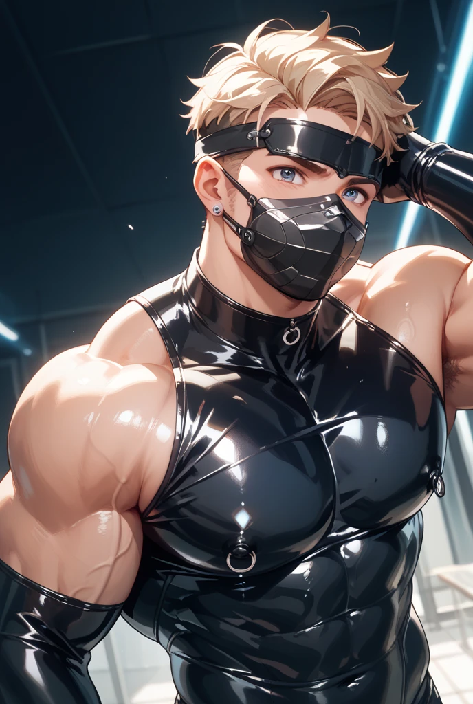 Masterpiece, best quality, (Medium_shot:1.3),(1 male:1.2),(muscular man:1.1),(Front lighting:1.2), katsuki bakugou dynamight, blonde hair with a Silver body and glitters with lights above,Reflection extreme iridescent,in the style of true tracing,Vibrantmanga,bright/lustrous,pastel rococo,fluid form,tinycore,Fluid prints,true,Machine aesthetics,yanjuncheng,Silver,bright eyes,fluidform.,The young warrior, masculine characteristics , Fantasy world, a giant muscular man, on all fours, semi naked, bdsm style outfit, bondage, dressed in leather and harness, rings, chains, and sex toys, head hidden by a baroque leather mask, 8K high resolution animation