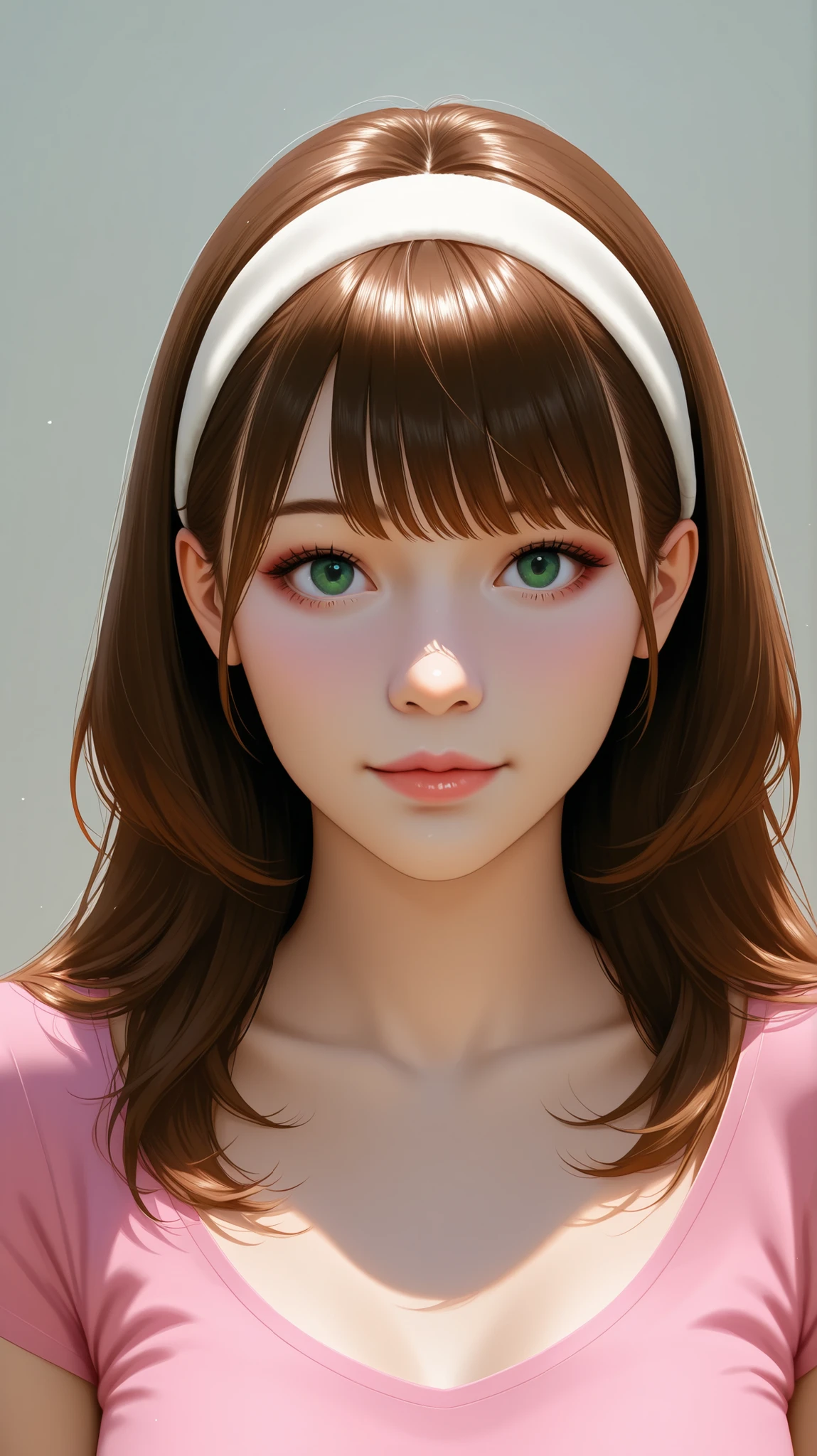A beautiful adult woman with long brown haired with full-spiky bangs, beautiful green eyes, medium chest, wear white hairband, wear a pink shirt with scoop neck and short-sleeved, portrait, front-face view, realistic