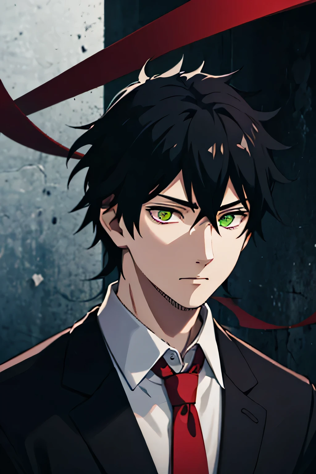 20 year old man, Indonesian, a government assasin, strategist, wearing a white shirt, wearing a black blazer, wearing a red tie, black hair with white stripes, light green eye color, facing forward, half body, hd