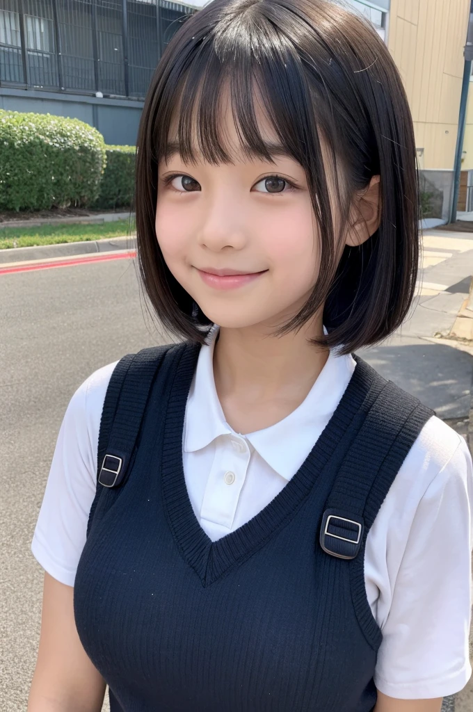 ((High definition)),((high resolution)),((High definition)),((detailed)),((8K)),((Perfect Face)),((Perfect body)),((Realistic)),((Real)),((Realistic)),((beautiful girl)),((school uniform)),Short Hair、Short skirt、Looking up、Bend over and peer at me、Smile with your mouth closed、Jet black hair、Dark brown eyes、Double eyelids、Big Eyes、Schoolyard、blue sky、sunny
