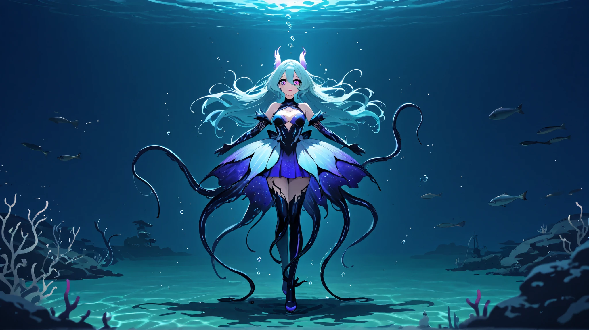 symbiote girl with an octopus. She has long, flowing волосы, that smoothly flow into octopus tentacles, curling around her body. Her eyes are bright and expressive, with a mysterious glitter. The girl is dressed in a stylish, futuristic costume , which emphasizes her unique connection with octopus. The background is an underwater world with bright corals and swimming fish, creating an atmosphere of magic and mystery.