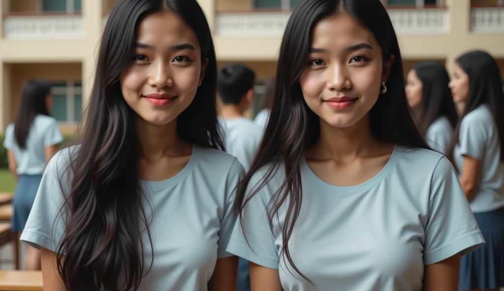Long haired girl, black, straight, smile, White teeth, clean eyes, beautiful, sweet, ethnic Malaysian, both hands holding glasses on his head, teacher, Petronas location.