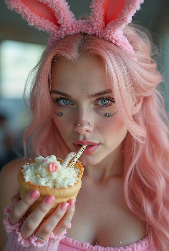 Fraction_9, Fraction_8_Direction_7_up , The pink-haired German beauty in a gold embroidered dress took a stunning blurry selfie,Her left hand is feeding herself a green macaron