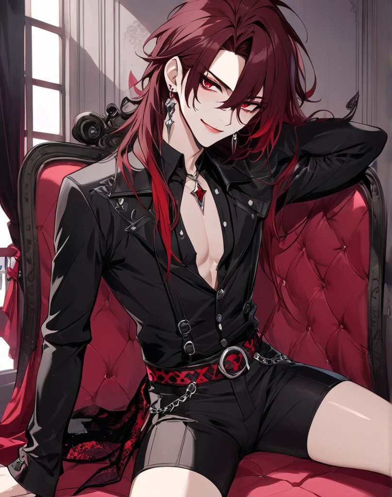 1Demon Man, black|red hair, Long hair, Horns, Yellow eyes, demon wings, Seduction Smile, They look like, topless male, muscular, leather belts, BDSM, leather pants