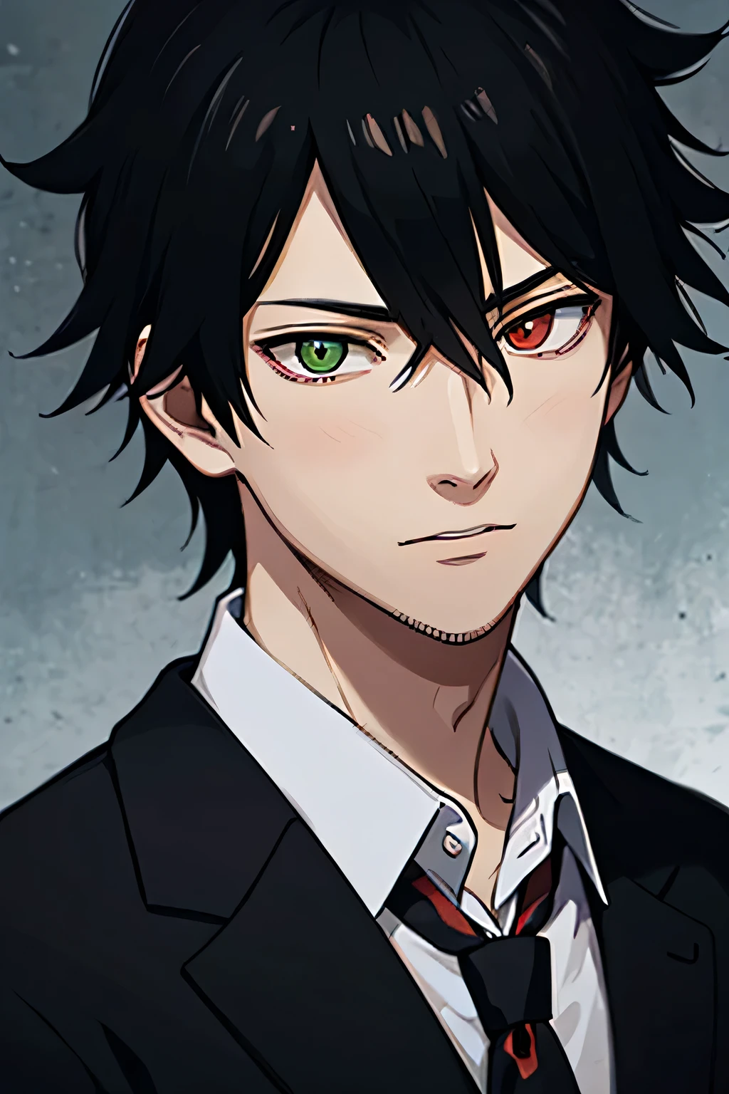 20 year old man, Indonesian, a government assasin, strategist, wearing a white shirt, wearing a black blazer, wearing a red tie, black hair with white stripes, light green eye color, facing forward, half body, hd