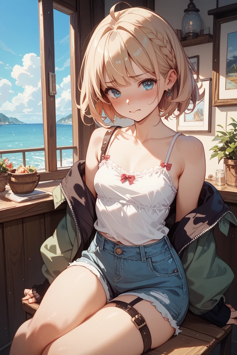 ((Masterpiece)), ((best quality)), ((wide shot)), profile, (super detail:1.2), (High Definition:1.3), ((extremely detailed)), (8K), (Professional Photography:1.2), (very aesthetic:1.2), (absurdres:1.2), (sharp focus), (perfect light), ((kawaii)), (drop shadow), ((1girl)),((12 years old)), (1girl), cute girl, naughty smile, (:d), (Beautiful deep purple eyes:1.2), (Healthy skin), Embroidered cute tanktop, small breast, slender waist, (loose blunt bangs), Beautiful Silky hair, (medium hair), ((beautiful pale brown hair)), shortpants, BREAK, 🌈, place hand on head, (cute cheeks), glossy lips, pouty lips, bags under the eyes, (lower eyelashes), underarm sweat, (loose sitting on chair), on the café terrace, (the Midsummer Cafe Terrace), Beautiful cityscape Background, Large Cumulonimbus Clouds, pastel colors clouds, (detailed background:1.2), newest,clear line,