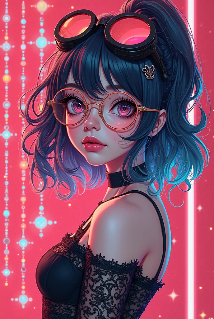 ultra detailed, masterpiece, best quality, solo, 1other, androgynous, 1boy, otoko no ko, heterochromia,(blue eyes, pink eyes:1.3), medium hair, black hair, bangs, hair between eyes, flipped hair, hair over eyes, multicolored eyes, colorful, frills, cute, petite, hair flaps, glasses, x hair ornament, shy, multicolored hair, flat chest, side braid, sleeveless turtleneck, light smile, mole under eye, eyelashes, (pink colored eyelashes:1.3),