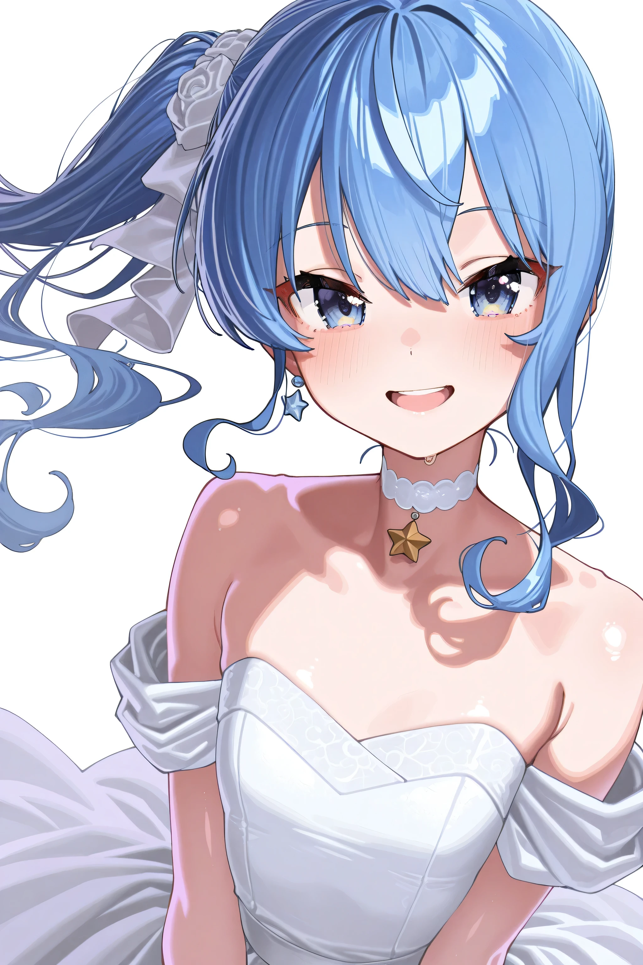 kmj-anonstyle, [artist:yoneyama mai], [artist:kanzarin], [artist: ekrea_jan], masterpiece,best quality,amazing quality, 748cmstyle, solo, eye focus, hololive, hoshimachi suisei, 1girl, bare shoulders, blue eyes, blue hair, choker, closed mouth, dress, flat chest, floating hair, looking at viewer, side ponytail, smile, solo, star (symbol), star in eye, symbol in eye, virtual youtuber, wavy hair, wedding dress, white choker, white dress