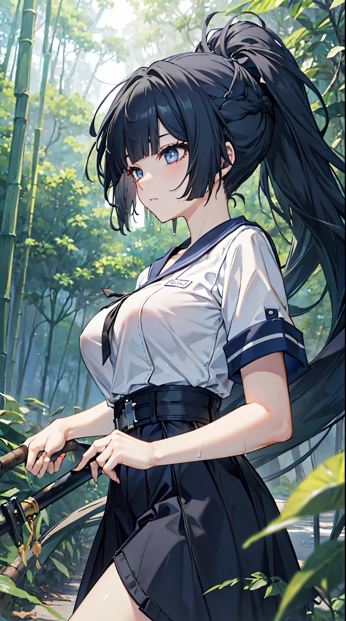 top grade 、、(Whitening skin)、black hair、ponytail,long hair、blue eyes、Petite、SLANDER、Sailor Suit、running、Big Breasts、bamboo forest、sweat,