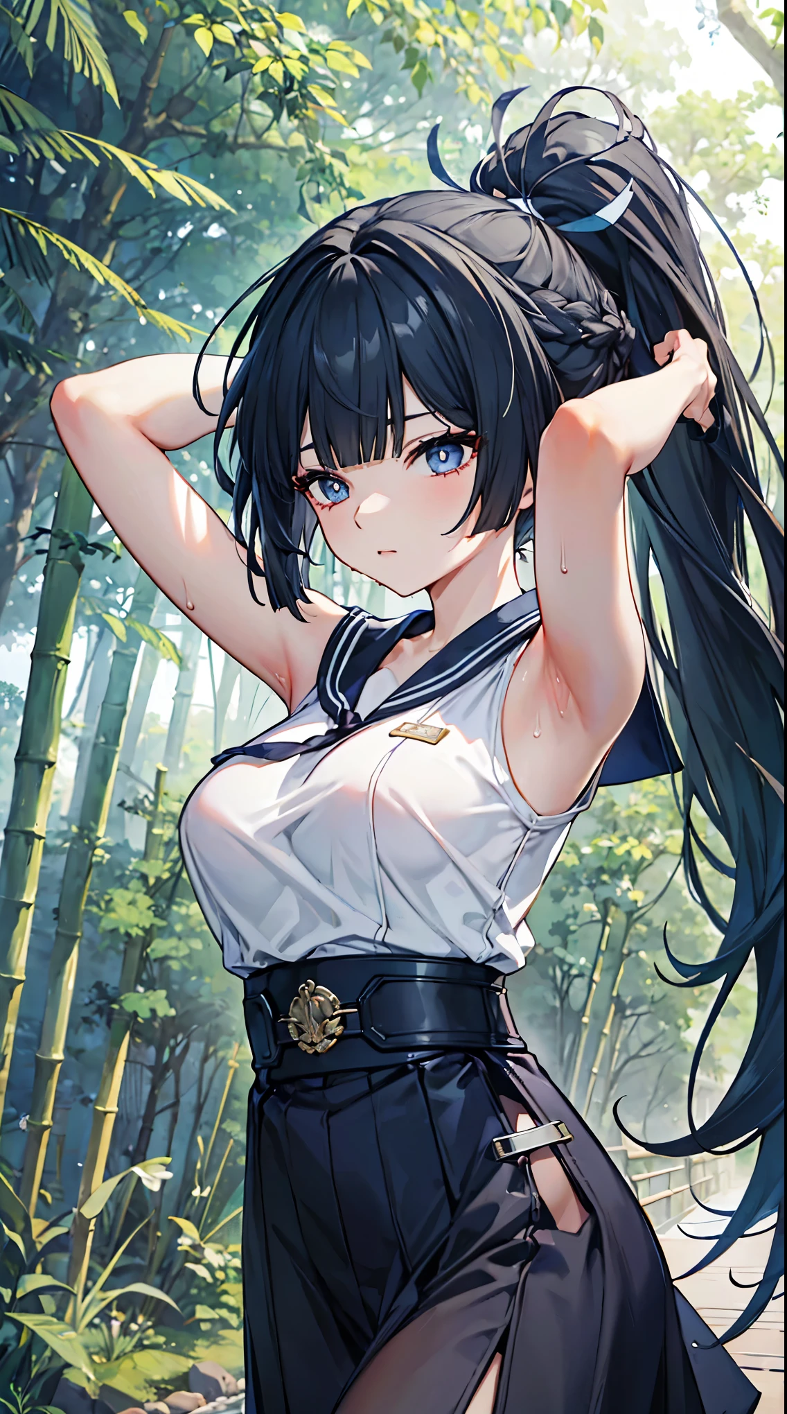 top grade 、、(Whitening skin)、black hair、ponytail,long hair、blue eyes、Petite、SLANDER、Sailor Suit、running、Big Breasts、bamboo forest、sweat,