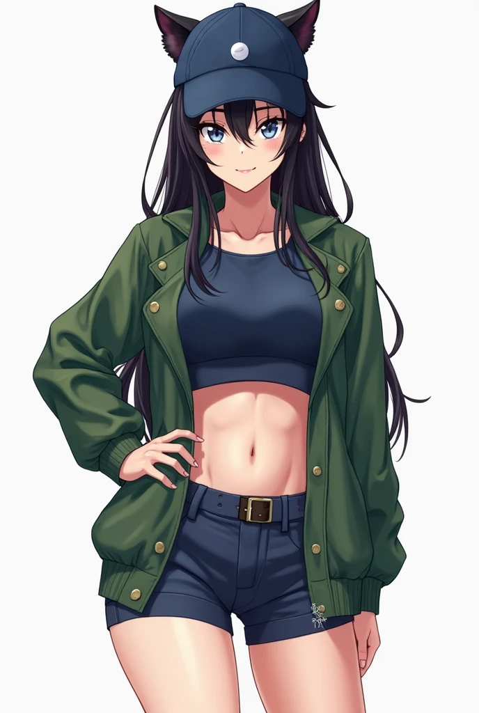 ((best quality)), ((masterpiece)), (detailed), perfect face, brown skin anime girl in a deep V Neck front-tie top, (bare shoulders), (jeans trousers), (camo designed top), famished in hunger, (gently resting hands on stomach), (long hair), (hands on her stomach)