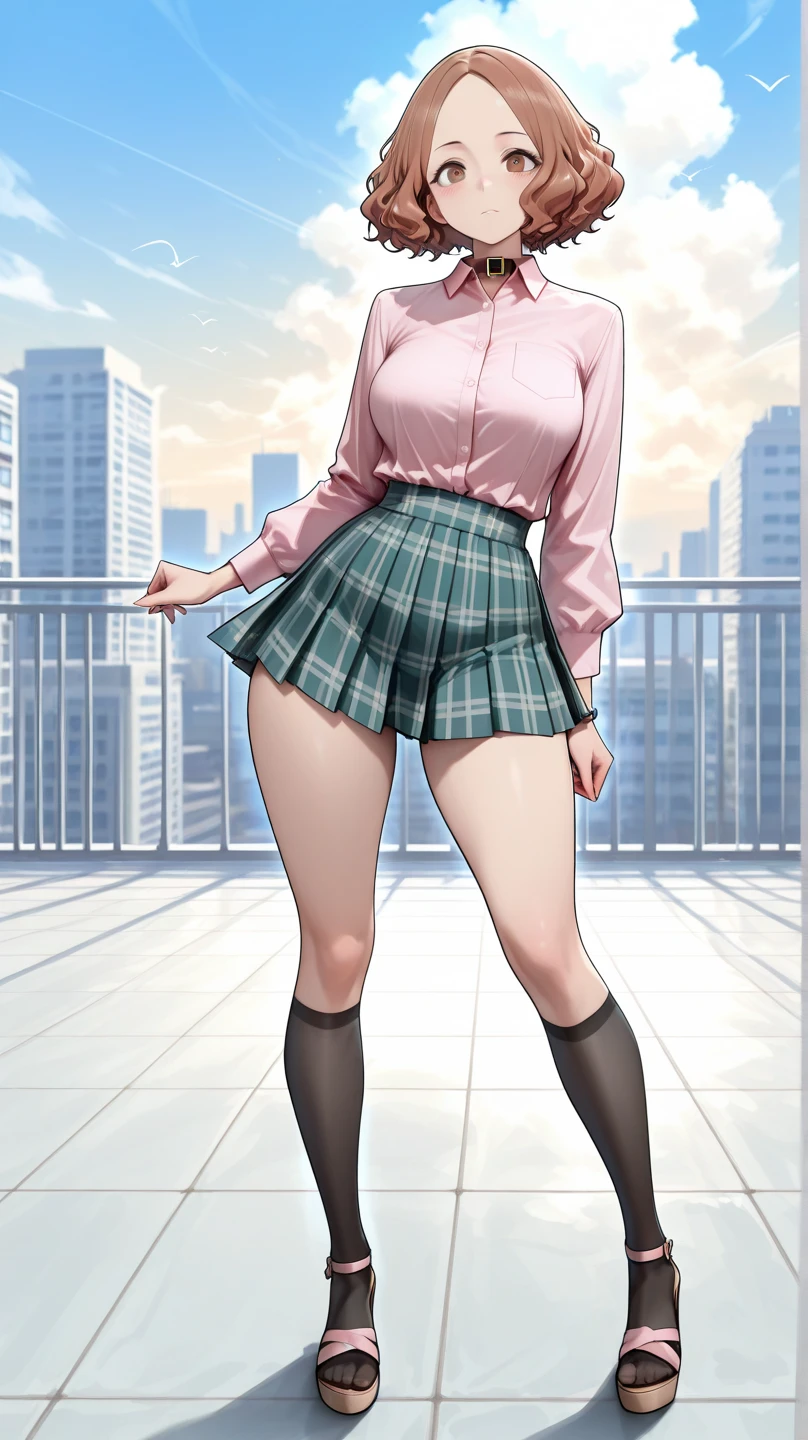 ((masutepiece, Best Quality, hight resolution, nffsw, Perfect Pixel, 4K, nffsw, nffsw))), 1girl in, Single, Solo, Beautie、full body seen、 ((Middle Wave Hair, Bangs, Brown hair)), ((Brown-eyed, Beautiful eyelashes, Realistic eyes)), ((Detailed face, Blushing:1.2)), ((Smooth texture:0.75, Realistic texture:0.65, Photorealistic:1.1, Anime CG style)), medium breasts, Dynamic Angle, Perfect body, ((red bowtie, School uniform, Black jacket, Open jacket, Brown cardigan, White shirt, Black skirt, plaid skirts)), City staircase、Looking up from the bottom of the stairs、Very embarrassing panic smile, turned around、Leaning forward heavily、(The wind flipped my skirt and exposed my butt.............................、opens legs、Touching the buttocks with both hands、Light pink floral lace panties)、