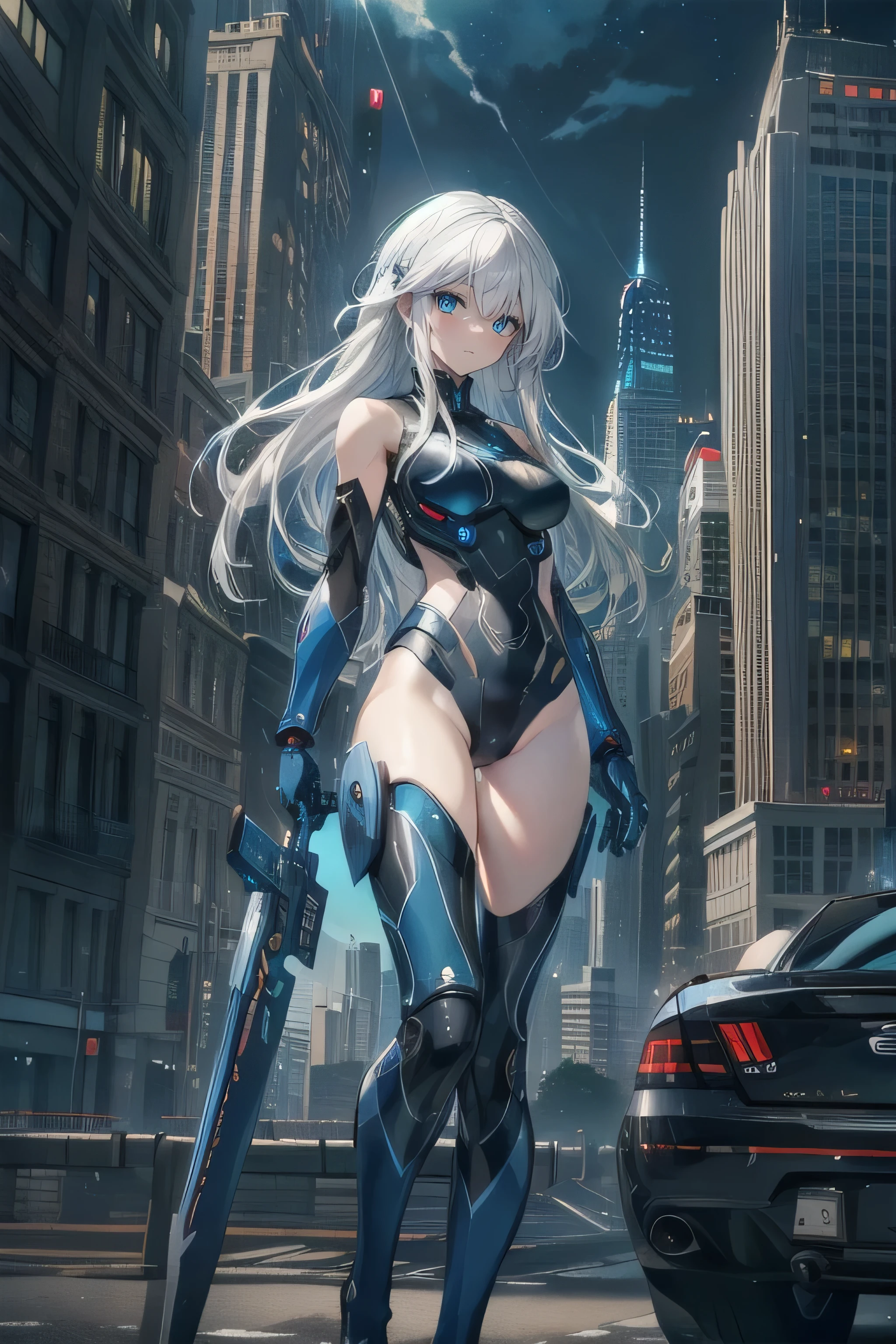 (masterpiece), (best quality), ultra detailed, finely detailed color, cenematic painting, (Top image quality), (Ultra Detailed), (Facing forward), top quality, masterpiece, (((only 1 girl))), Silver Hair, white hair, ((Long hair)), (deep blue eyes:1.6), night, urban, ((holding cybernetic weapon)), ((high leg)), ((bare legs)), ((sleeveless)), battle suit, bodysuit, mecha suit, black suit, ((city background:1.2))