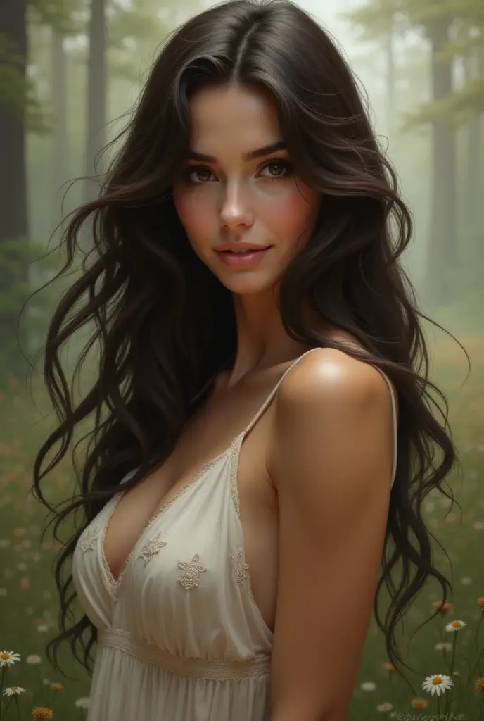 lying down, missionary , long curly brown hair, brown eyes, horse ears, thin lips, round face, huge breasts covered with silver chainmail, quite robust, in the forest(nsfw)lkjhgf extremely detailed eyes and face, glowing porcelain skin, (best quality,4k,8k,highres,masterpiece:1.2),ultra-detailed,(realistic,photorealistic,photo-realistic:1.37),HDR,UHD,studio lighting,ultra-fine painting,sharp focus,physically-based rendering,extreme detail description,professional,vivid colors,bokeh,sensual,intimate,erotic,romantic,soft lighting,warm tones