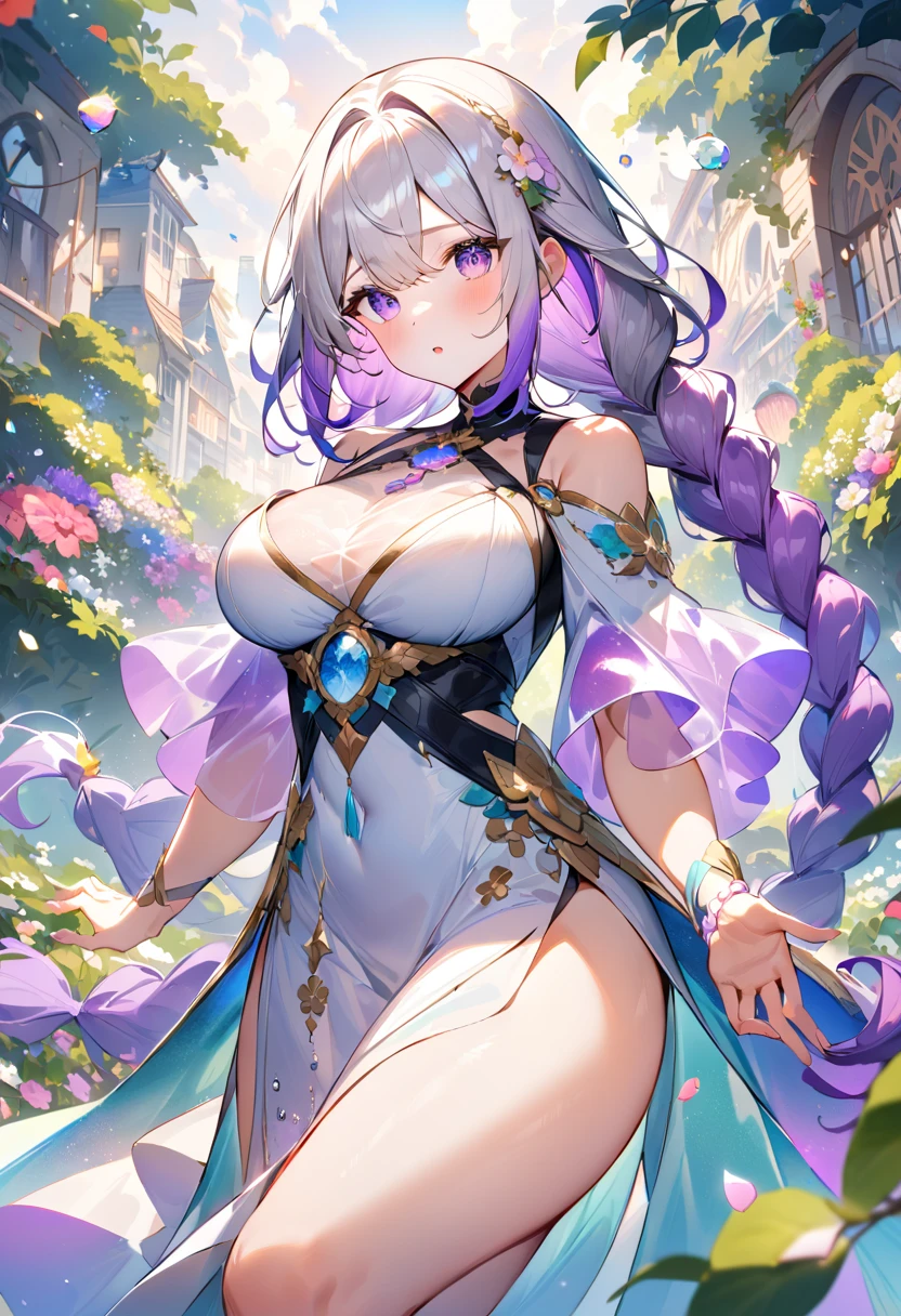 (Best quality,Unbeatable masterpiece:1.4),Ultra-detailed CG 4K,(Ultra-Detailed Clear Absurdly-Vivid Mint Big Eyes:1.2),Gorgeous Round Detailed Face(voluptuous:1.4)(Bimbo: 1.4)(normal waist: 1.2)(Thick lips: 1.3)small-nose(Light smile: 1.2)Rocks,green trees, a plant,Bush, (Shy blush:1.4) Dynamic pose ,1girl, seductive, delicate delicate a fair skin woman long white hair curvaceous with fantasy aesthetic face structure blue eyes skin tight white corset dress big white evening gloves top_open white thigh high stockings wide hips big_breasts horse_ear unicorn_tail pink_horn lips_parted flowers in hair no ears mole_under_eye shy expression princess crown full body image