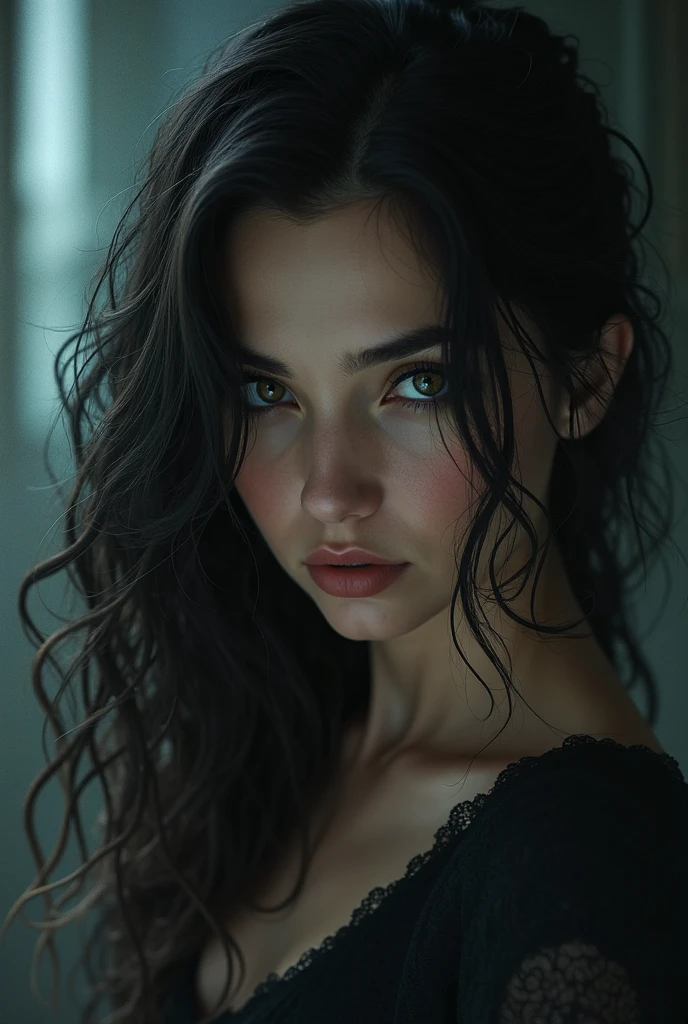arafed woman in a black dress with cat ears and a black dress, curly dark hair, black long curly hair, long black curly hair, long dark curly hair, with haunted eyes and curly hair, curly black hair, black curly hair, long wild black curly hair, long curly black hair, soft portrait shot 8 k, long curly hair intricate