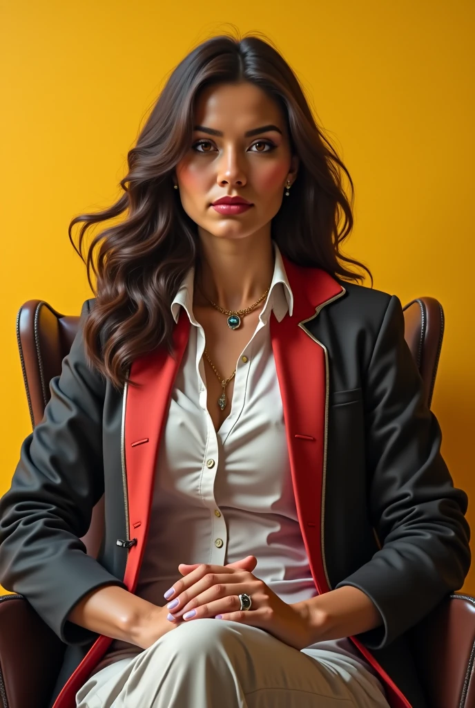 balalaica, masterpiece, Best Quality, absurdities, 1 girl, looking at the viewer, inside, Office, Sunset, Serious, Crossed arms, chair, Session, Red suit, tube skirt, shackles, (burn scar:1.5), mole under the eye, Upper part of the body