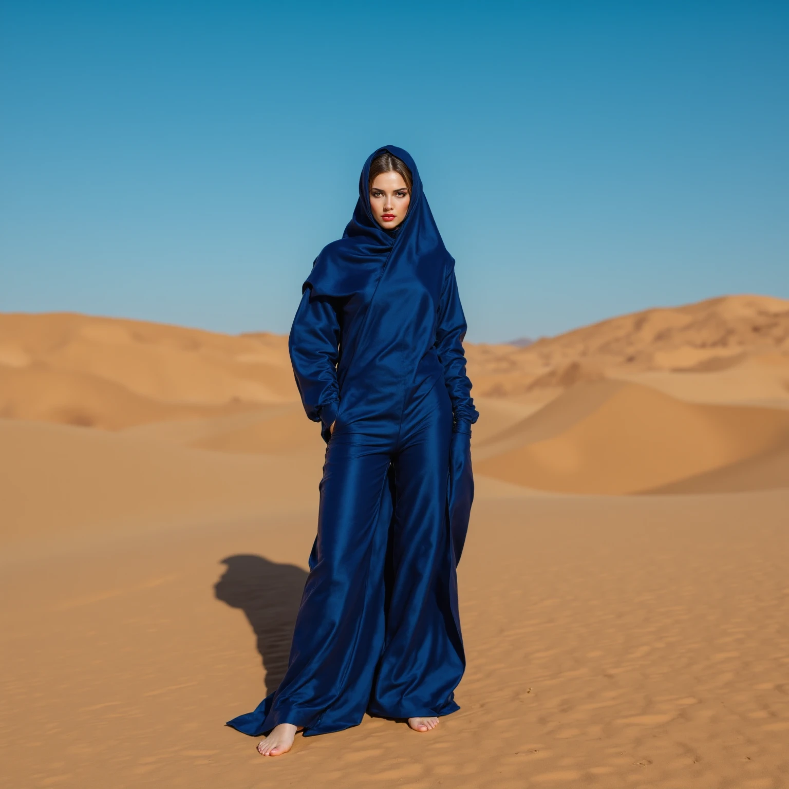 A young woman from the windy coast cold coat with head cover showing her almost shadow from afar Silver sloop g3 lowered in the Sahara desert with a mountain in the background, no fundo da imagem o cristo redentor do rio de janeiro. dia chuvoso, nuvens, raios.