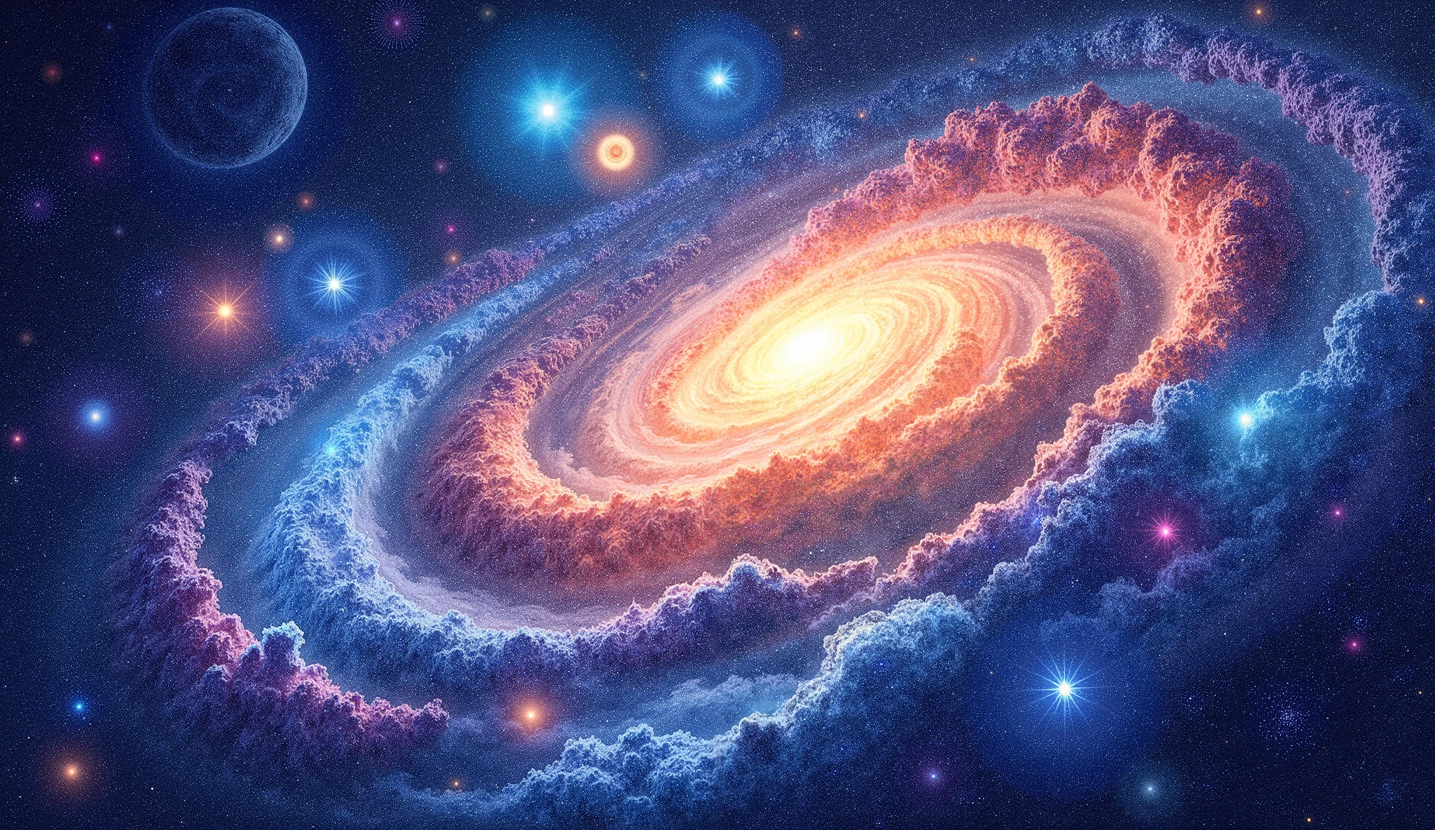 Early universe forming galaxies, swirling clouds of gas turning into spiral arms, blue and white stars glowing inside dusty filaments, wide angle view of the Milky Way forming, star nurseries in vibrant colors, colorful pencil sketch style, bold lines, work of art, best qualityer, 8k, extremely cartoon styling