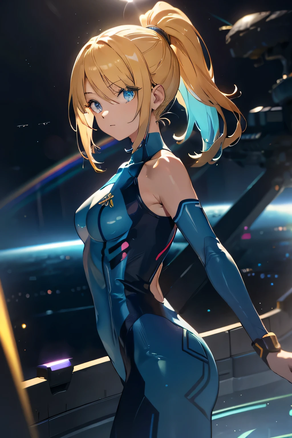 17 years old Women, ((Blonde)), ((Blue eyes)), ((Short hair)), ((Full shot)), very detailed makeup, pale pink lipstick, wear sexy black body suite, standing in a Battlestar in front of a space window, she has a light saber qnd her actitude is defensive, she has a defeated enemy at her feets ((wet floor))