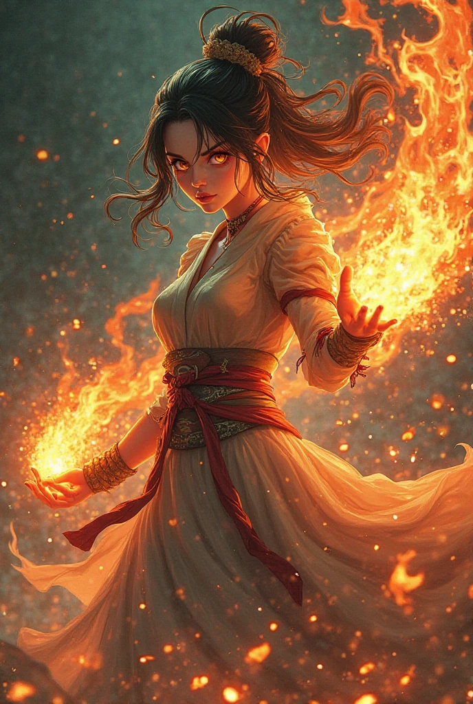 1 beautiful woman "Shannen Doherty",(Caucasian skin), fire storm, Lightning in the hand, a skirt,glowing light eyes,light in eyes