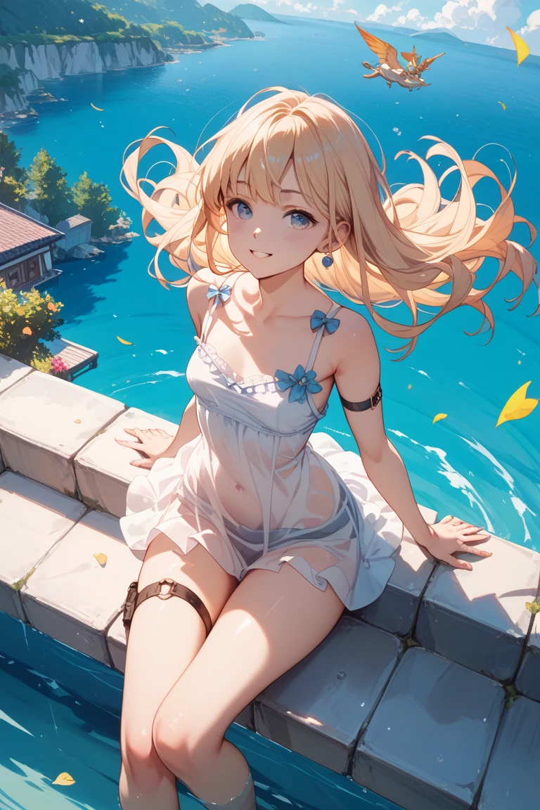 Anime style, super fine illustration, super clear illustration, highly detailed, beautiful detailed, super pale tone image, super delicate illustration, super calm & static image, static representation, gentle expression, 8k, pretty 1girl with blonde straight short hair & blue eyes & a bright smile & Big breasts & nipples & soft fair skin is wearing the competitive swimsuit in the swimming pool, happy stories, solo, perfect fingers, no more fingers, no less fingers, perfect arms, no more arms, no less arms, perfect legs, no more legs, no less legs, masterpiece,