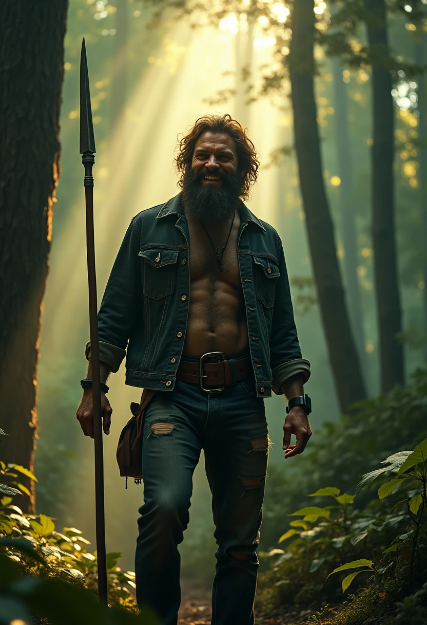 Realistic photo of red-haired man, stark, with beard, wearing no shirt, with freckles, big eyes thin nose and fleshy mouth in a dry cornfield with fog at night. photo taking in the whole body of the character who is walking among the plants. facing, and crows flying 
