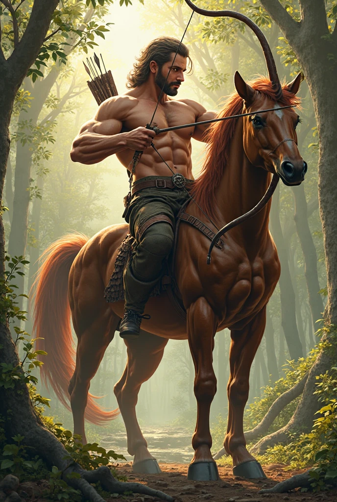 Create a detailed image of a centaur, a mythical creature half man and half horse. The centaur deve estar em uma floresta antiga e mágica, with tall trees and soft sunlight filtering through the leaves. The centaur, tanned skinned and muscular, holds a bow and arrow, with an expression of determination and wisdom on his face. Your horse body is powerful, with brown fur and a flowing tail. Ao fundo, details of mystical plants and small animals watching from afar. The scene must convey an atmosphere of strength, mystery and connection with nature.