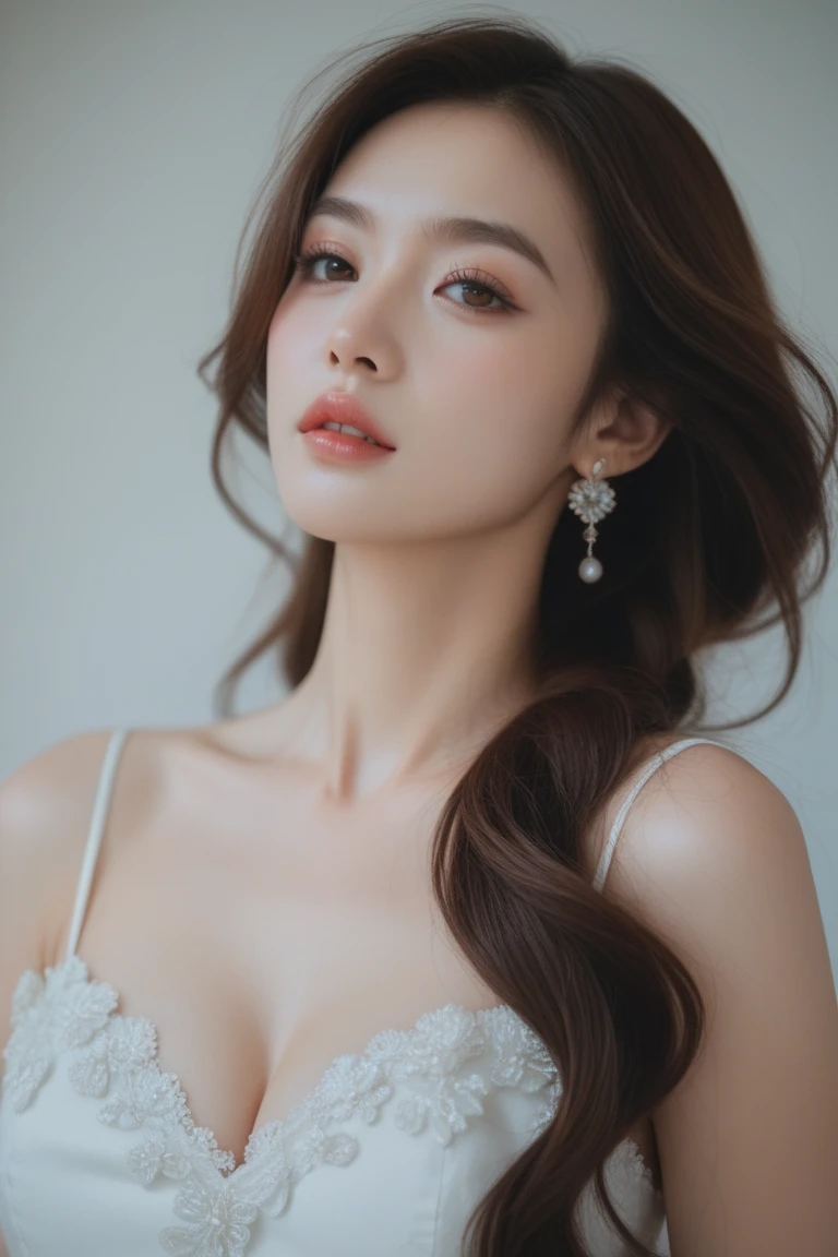 (highest quality,4k,8K,High resolution,masterpiece:1.2),Super detailed,(realistic,realistic,realistic:1.37),slow sports,woman,flowing long hair,Off-white iris,empty gaze,plump pink lips,White flowers bloom at the tip of my hair,elegant,medium shot,black dress.delicate long legs,big breasts,cleavage