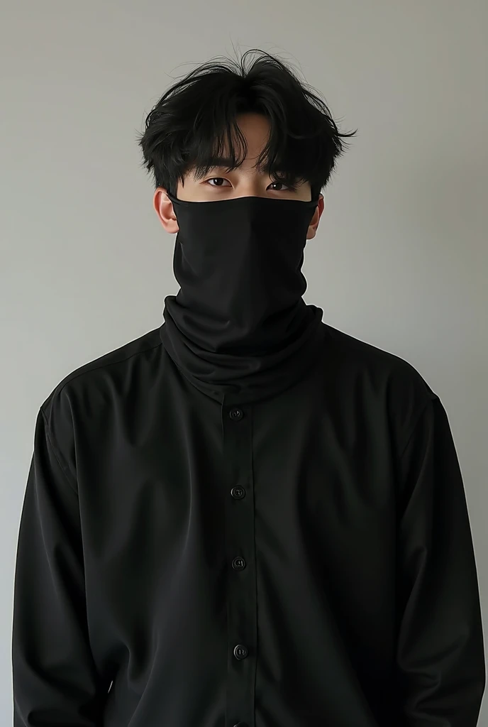 A introvert boy in black clothes in black half face mask , hd , high quality