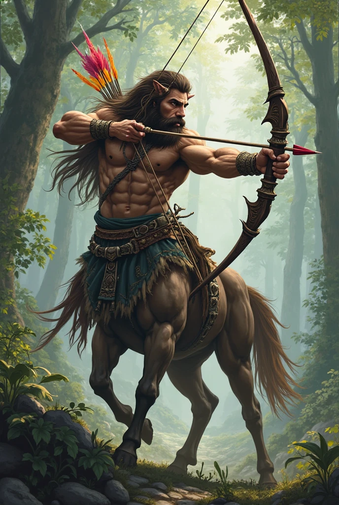 Create a detailed image of a centaur, a mythical creature that is half man and half horse. The centaur should be in an ancient, magical forest with tall trees and soft sunlight filtering through the leaves. The tanned, muscular centaur holds a bow and arrow, with an expression of determination and wisdom on his face. His horse-like body is powerful, with brown fur and a flowing tail. In the background, details of mystical plants and small animals watch from afar. The scene should convey an atmosphere of strength, mystery, and connection with nature.