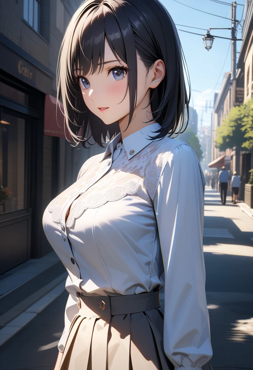 Cute 21 year old Japanese、city、shopping、Highly detailed face、Pay attention to the details、double eyelid、Beautiful thin nose、Sharp focus:1.2、Beautiful woman:1.4、(Light brown hair,short hair、),Pure white skin、highest quality、masterpiece、Ultra-high resolution、(Realistic:1.4)、Highly detailed and professional lighting、nice smile、Please show me your whole body、(Large Breasts、Shirt with open collar at the chest:1.3, Slit Skirt)
