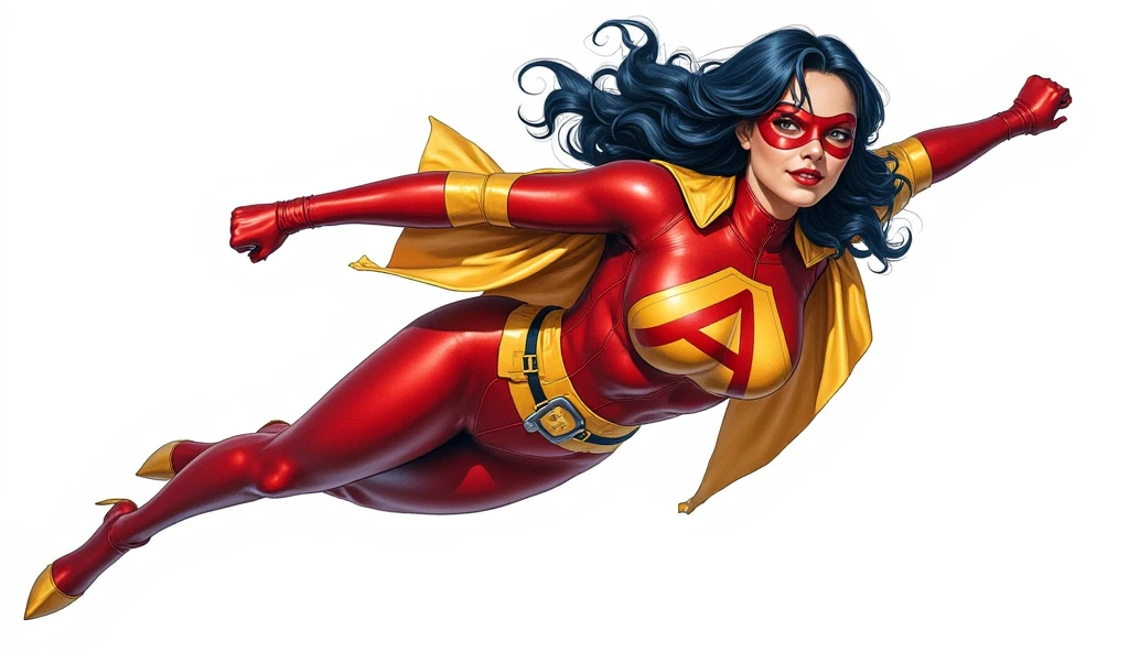 (best quality,8k:1.2,high resolution:1.2),ultra-detalhado,Realistic,SUPER HERO female,21 YEARS OLD,long BLACK hair,rosto extremamente detalhados,long eyelashes,all sheer RED LATEX leotard Apertado, RED FLYING CAPE,TRANSPARENT SKIN TONE SHINY pantyhose,Glossy GOLDE metalic BRACELETES,Physically-based rendering,sharp focus,studio lighting