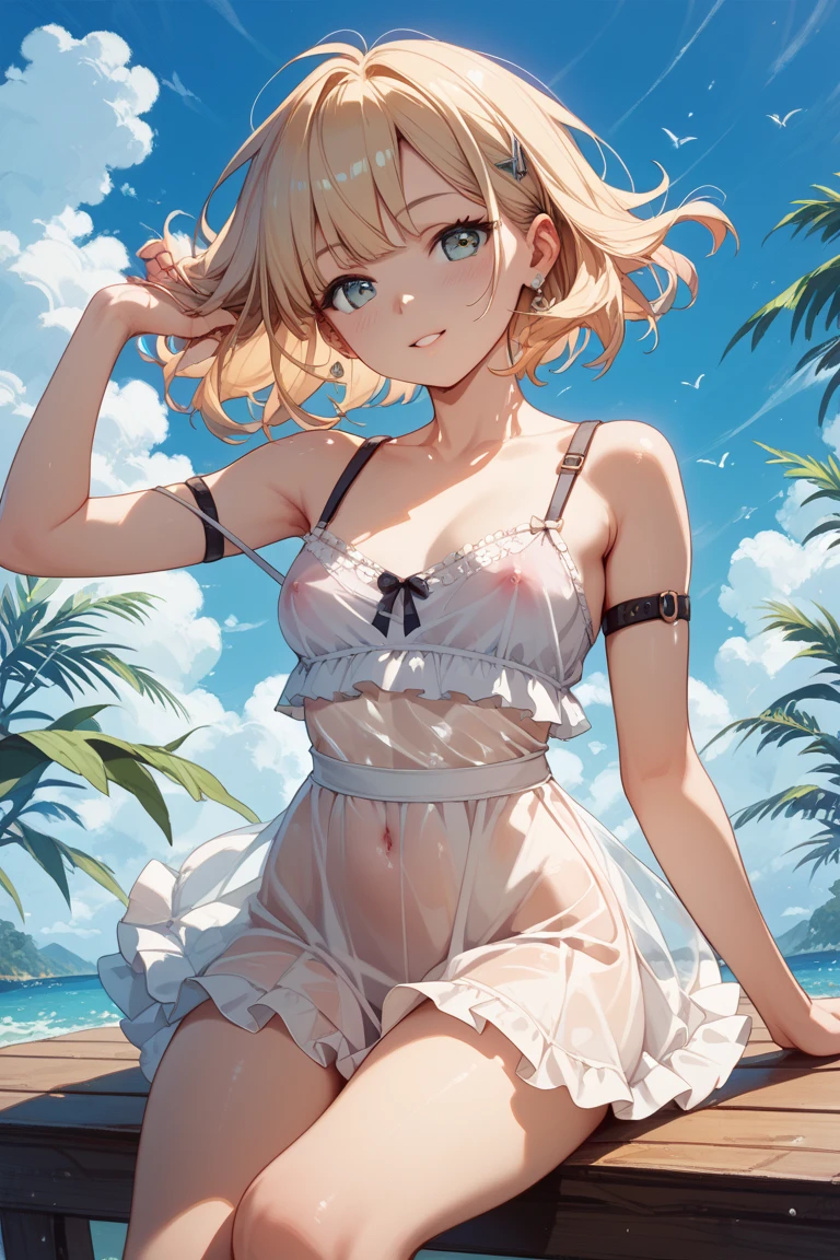 Masterpiece, highest quality, high definition, full body, girl alone, low angle, directly below, looking up from the feet to the head, blonde hair, bob cut, red eyes, sparkling eyes, ruby eyes, tanned skin, chocolate brown skin, dark skin, underwear, underwear drawn in detail, cute underwear, irreverent expression, under the blue sky, an island in perpetual summer