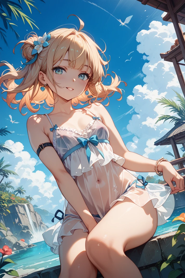 Highest quality、masterpiece、beautiful、Detailed、Age: 12、middle School girls、Beach、dynamic pose、Low - Angle、smile、Slim figure、(Wet and see-through clothing:1)、