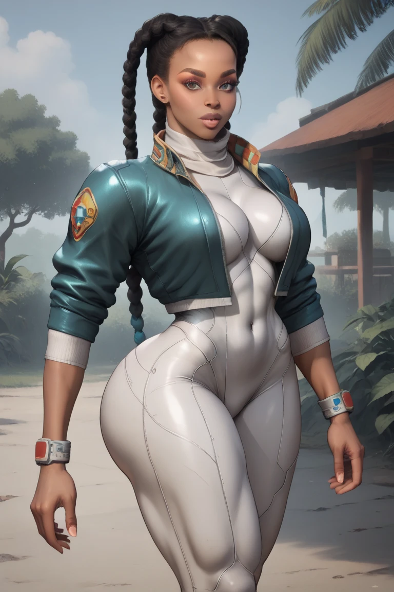  Generate an illustration of a mature Jade Cargill, ((wwe)),  silver hair ,  (black skin), de terno preto, (bikini:1.3), short hair, hair combed back, (gigantic breasts:1.3), in anime format with a serious style, (green Leggings), ((white and black bikini)), black boots, gothic make up, masterpiece, ((dark lighting)), black background, (puffy lips),((slendered abs)), beautiful face,