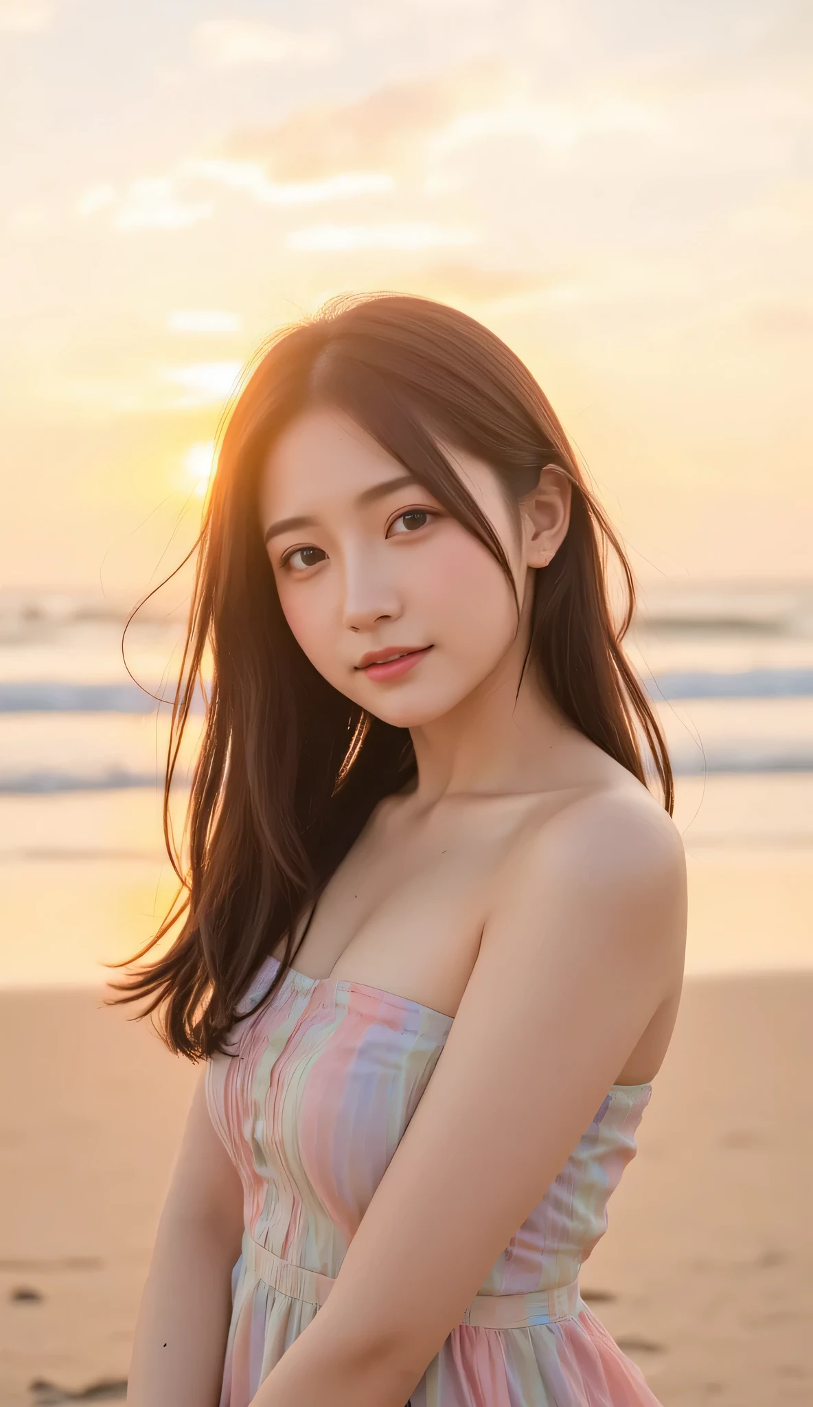 (Highest quality, masterpiece, Ultra-high resolution, (Realistic:1.4), RAW Photos, Written boundary depth, Professional Lighting, Perfect Anatomy, Very detailed), ((((In the middle of the night, There are many stars on the beach)))), One Girl, 15 years old, The most famous Japanese idols, Portraiture, (extremely cute face like The most famous Japanese idols, (very cute、The eyes are big too), Very beautiful hair, Very beautiful skin), very cute long eyelashes, very cute lips, Very beautiful shoulders, very cute cleavage, An innocent smile