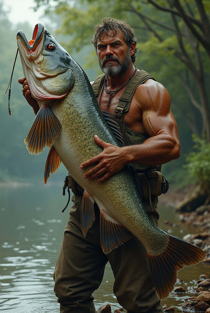 A burly man catching a giant fish