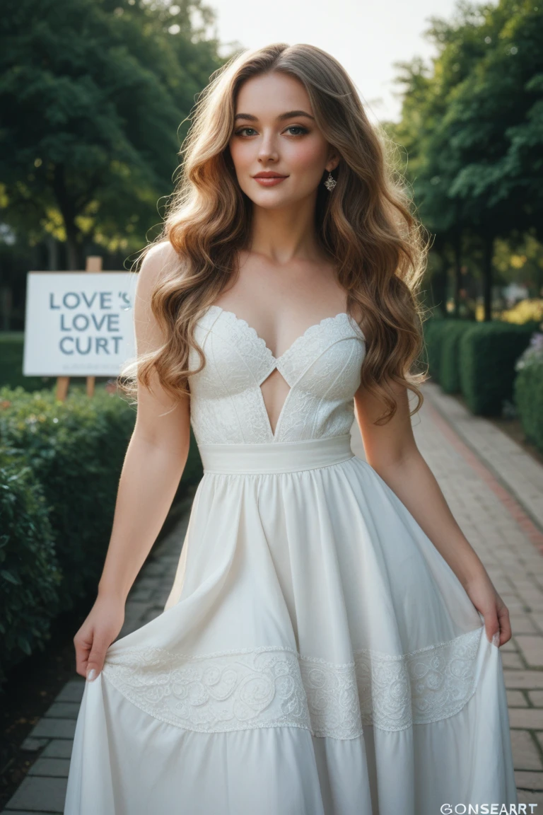 (best quality,4k,8k,highres,masterpiece:1.2),ultra-detailed,realistic, girl, long curly red hair, bangs, beautiful detailed eyes, beautiful detailed lips, smiling, pale skin, small nose, narrow waist, large breasts, white lacy sun dress, (steel slave collar), outdoors, vibrant colors, soft lighting, full length picture